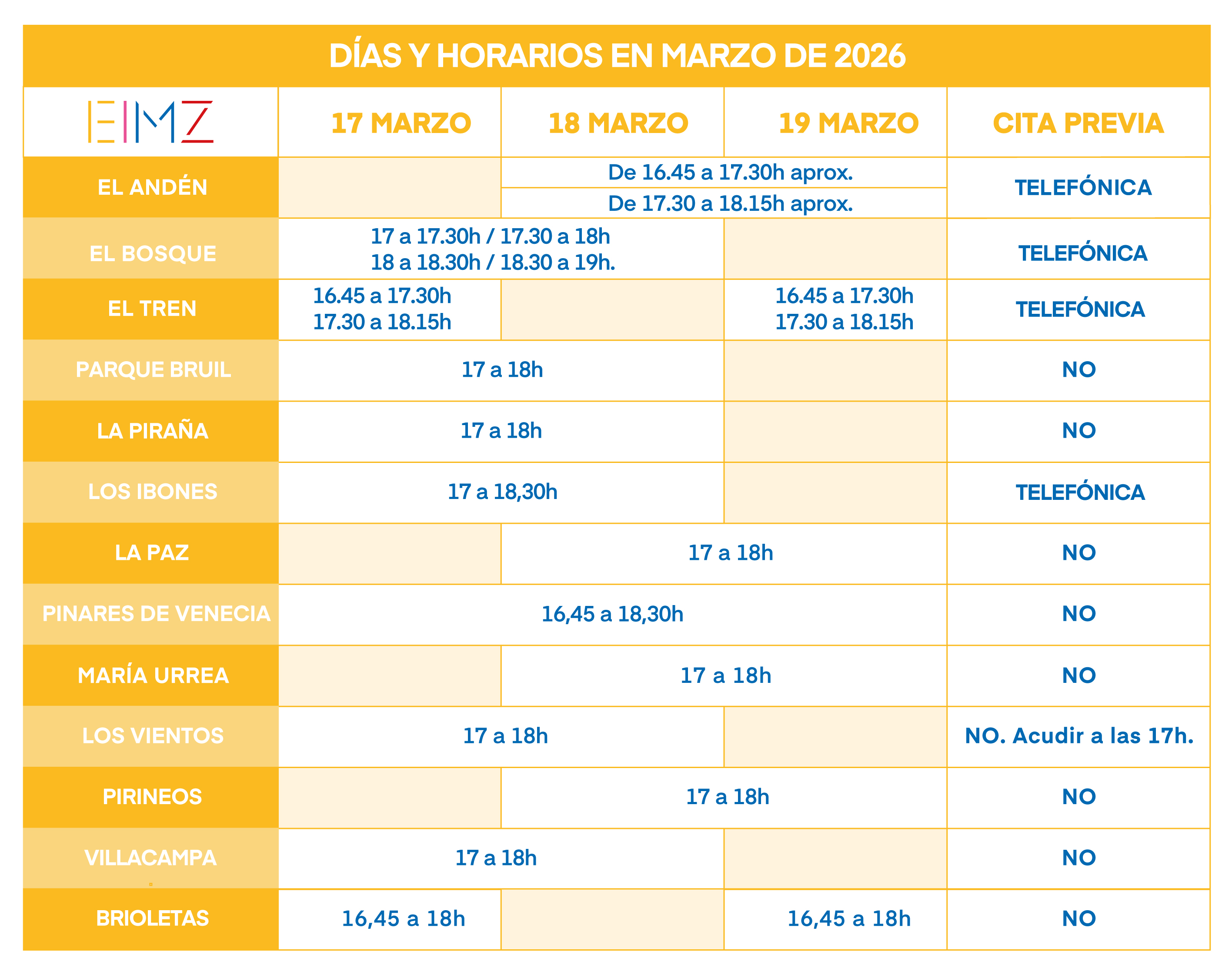 Horarios visitas